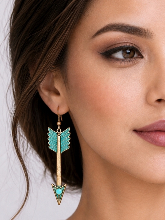 None Jewelry - Turquoise Patina, Turquoise Bead Copper Arrow Earrings